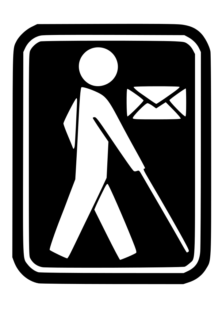 l'icone cécogramme sur fond noir: une silhouette marchant avec une canne blanche et une petite enveloppe.