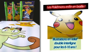 Photo: 2 illustrations en relief de Pokémons sur une table avec en fond les livres originaux en flou.