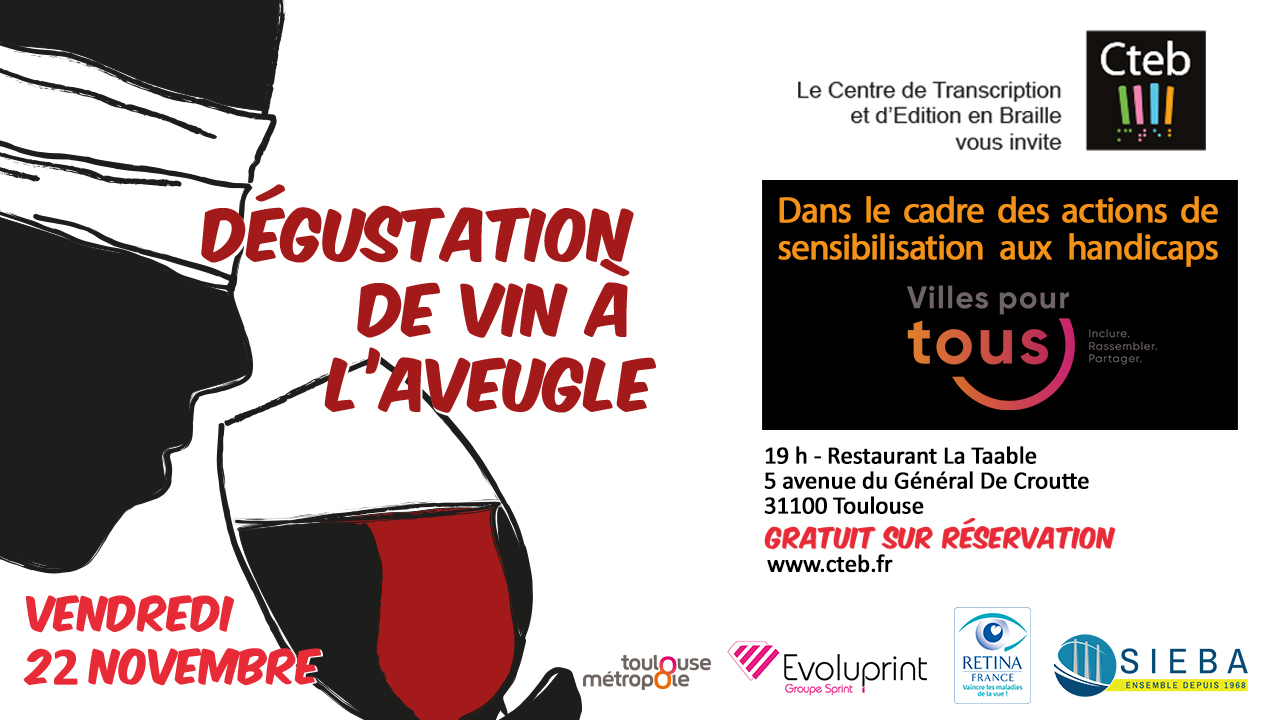 Affiche de la soirée: le dessin d'un visage de profil avec un bandeau sur les yeux. Une main approche un verre de vin rouge à son nez.